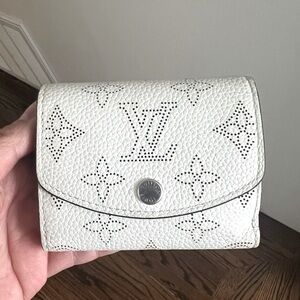 Authentic Louis Vuitton White Mahina Iris compact wallet with rainbow background